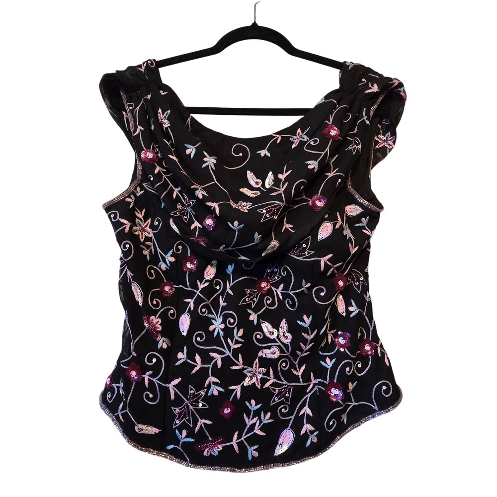 Sean Collection Silk Floral Beaded Top Womens XL Black Dark Fairy Whimsigoth